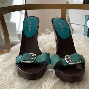 blue greenish slip on heels